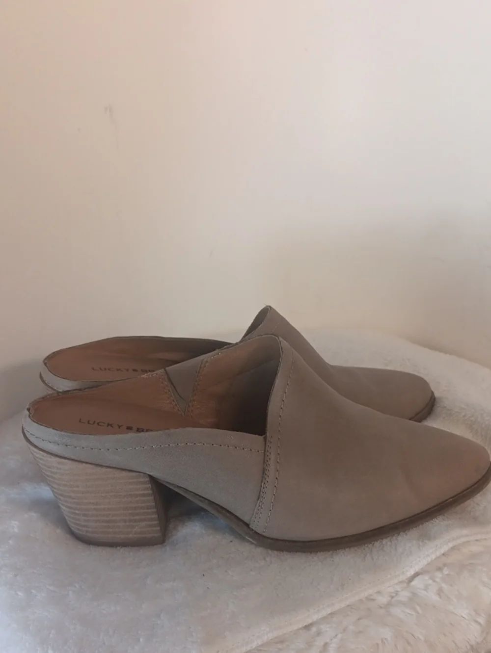 Lucky Brand Taupe Slip-On Block Heel Mules